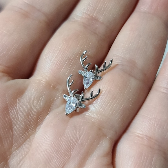 Reindeer Deer Antlers Platinum Over Sterling Silver Zircon Diamonds - Picture 10 of 14